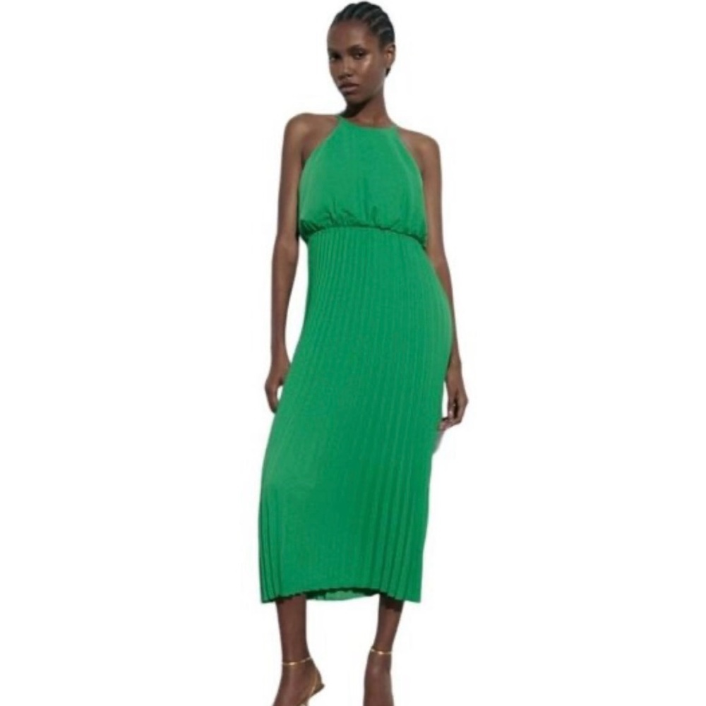 ZARA Halter Sleeveless Pleated Midi A-Line Dress Green Size Large